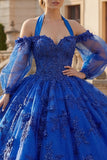 Ball Gown Halter Neck Royal Blue Appliqued Glitter Quinceanera Dress