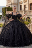 Ball Gown Halter Neck Appliqued Black Beaded Quinceanera Dress with Puff Sleeves