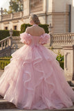 Ball Gown Halter Neck Blush Ruffled Quinceanera Dress with Puff Sleeves