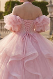 Ball Gown Halter Neck Blush Ruffled Quinceanera Dress with Puff Sleeves