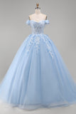 Light Blue Off the Shoulder Ball Gown Appliqued Corset Quinceanera Dress