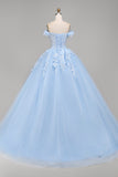 Light Blue Off the Shoulder Ball Gown Appliqued Corset Quinceanera Dress