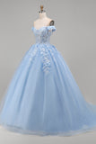 Light Blue Off the Shoulder Ball Gown Appliqued Corset Quinceanera Dress