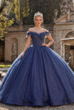 Off the Shoulder Ball Gown Navy Glitter Princess Quinceanera Dress
