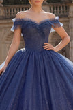Off the Shoulder Ball Gown Navy Glitter Princess Quinceanera Dress