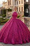 Sparkly Fuchsia Halter Neck Ball Gown Sequins Quinceanera Dress