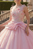 Pink Ball Gown One Shoulder Appliqued Ruched Quinceanera Dress