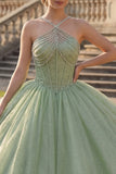 Ball Gown Mint Green Halter Neck Corset Glitter Quinceanera Dress