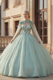 Sparkly Ball Gown Sweetheart Sequins Mint Green Quinceanera Dress with Cape