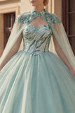 Sparkly Ball Gown Sweetheart Sequins Mint Green Quinceanera Dress with Cape