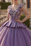 Purple V-Neck Appliqued Ball Gown Floral Quinceanera Dress