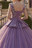 Purple V-Neck Appliqued Ball Gown Floral Quinceanera Dress