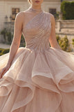 One Shoulder Champagne Ball Gown Beaded Quinceanera Dress with Ruffles