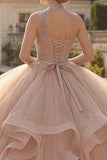 One Shoulder Champagne Ball Gown Beaded Quinceanera Dress with Ruffles