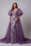 Purple Mermaid Sequins Puff Sleeves Long Evening Dress with 3D Flowers