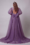 Purple Mermaid Sequins Puff Sleeves Long Evening Dress with 3D Flowers