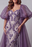 Purple Mermaid Sequins Puff Sleeves Long Evening Dress with 3D Flowers