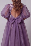 Purple Mermaid Sequins Puff Sleeves Long Evening Dress with 3D Flowers