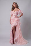 Off The Shoulder Pink Ruffled Mermaid Evening Dress with Slit