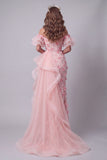 Off The Shoulder Pink Ruffled Mermaid Evening Dress with Slit