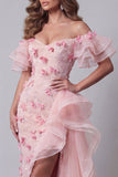 Off The Shoulder Pink Ruffled Mermaid Evening Dress with Slit
