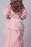 Off The Shoulder Pink Ruffled Mermaid Evening Dress with Slit