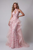 Halter Pink Ruffled Mermaid Open Back Evening Dress with 3D Flowers