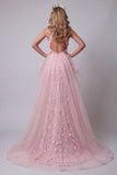 Halter Pink Ruffled Mermaid Open Back Evening Dress with 3D Flowers