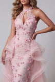 Halter Pink Ruffled Mermaid Open Back Evening Dress with 3D Flowers