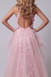 Halter Pink Ruffled Mermaid Open Back Evening Dress with 3D Flowers