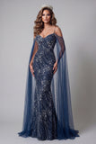 Sparkly Navy Cold Shoulder Mermaid Beaded Evening Dress
