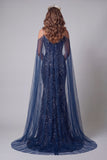 Sparkly Navy Cold Shoulder Mermaid Beaded Evening Dress