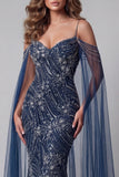 Sparkly Navy Cold Shoulder Mermaid Beaded Evening Dress