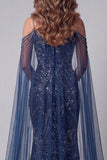 Sparkly Navy Cold Shoulder Mermaid Beaded Evening Dress