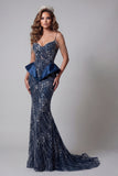 Sparkly Navy Cold Shoulder Sequin Mermaid Evening Dress