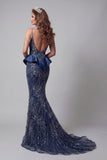 Sparkly Navy Cold Shoulder Sequin Mermaid Evening Dress