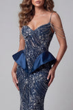 Sparkly Navy Cold Shoulder Sequin Mermaid Evening Dress