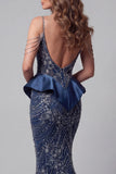 Sparkly Navy Cold Shoulder Sequin Mermaid Evening Dress