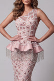 One Shoulder Blush Mermaid Sequin Long Evening Dress with Tassel