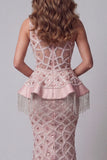 One Shoulder Blush Mermaid Sequin Long Evening Dress with Tassel