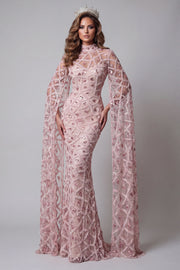Sparkly Blush Mermiad High Neck Sequin Evening Dress with Side Cape