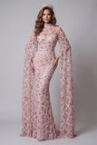 Sparkly Blush Mermiad High Neck Sequin Evening Dress with Side Cape