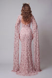 Sparkly Blush Mermiad High Neck Sequin Evening Dress with Side Cape