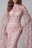 Sparkly Blush Mermiad High Neck Sequin Evening Dress with Side Cape