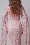 Sparkly Blush Mermiad High Neck Sequin Evening Dress with Side Cape
