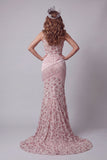 One Shoulder Blush Mermaid Pleated Sequin Evening Dress with Tassel
