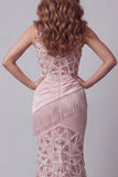 One Shoulder Blush Mermaid Pleated Sequin Evening Dress with Tassel