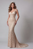 Champagne Mermaid Sequin V Neck Long Evening Dress with Beading