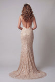 Champagne Mermaid Sequin V Neck Long Evening Dress with Beading