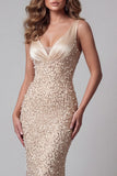 Champagne Mermaid Sequin V Neck Long Evening Dress with Beading